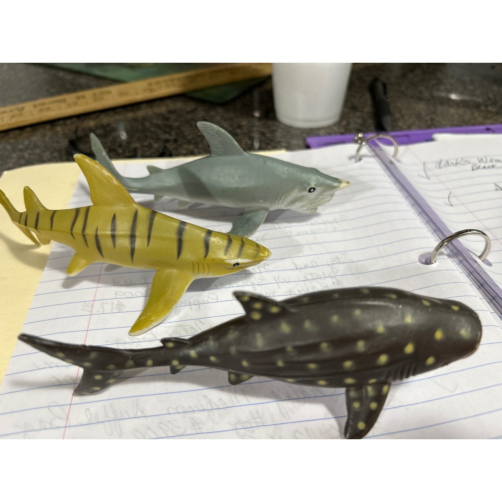 Lot of 3 Plastic Shark Toys Whale Shark Tiger‎ Shark Gray Shark Realistic